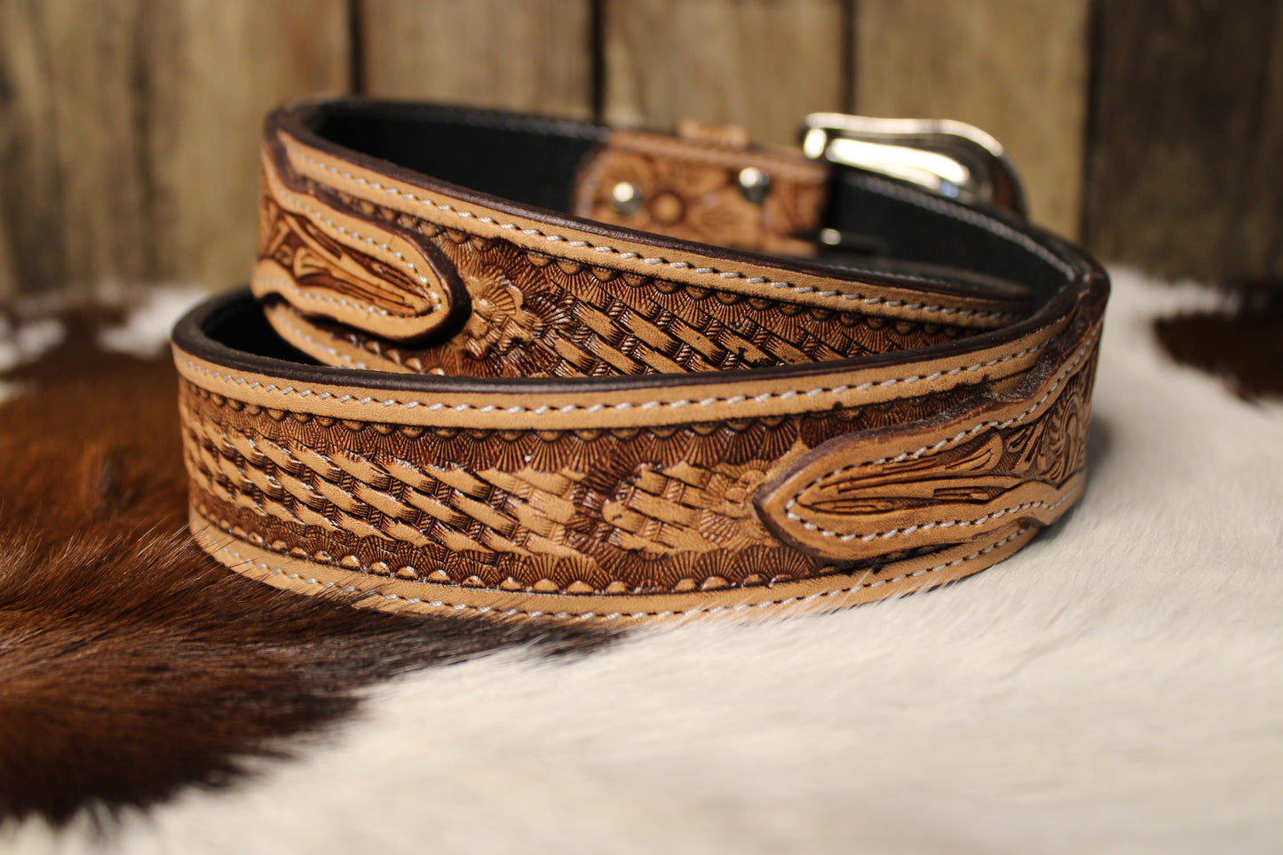Floral and Basketweave Tooled Leather Belt