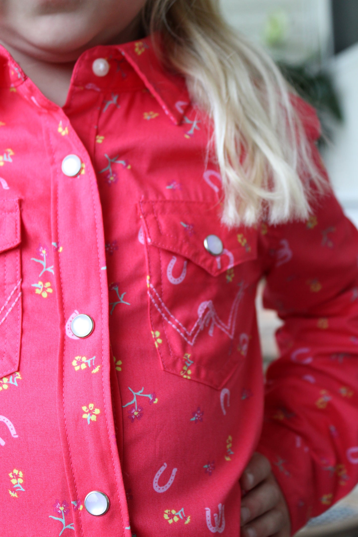 Wrangler® Girl's Long-Sleeve Pearl Snap- Pink Horseshoes and Flowers