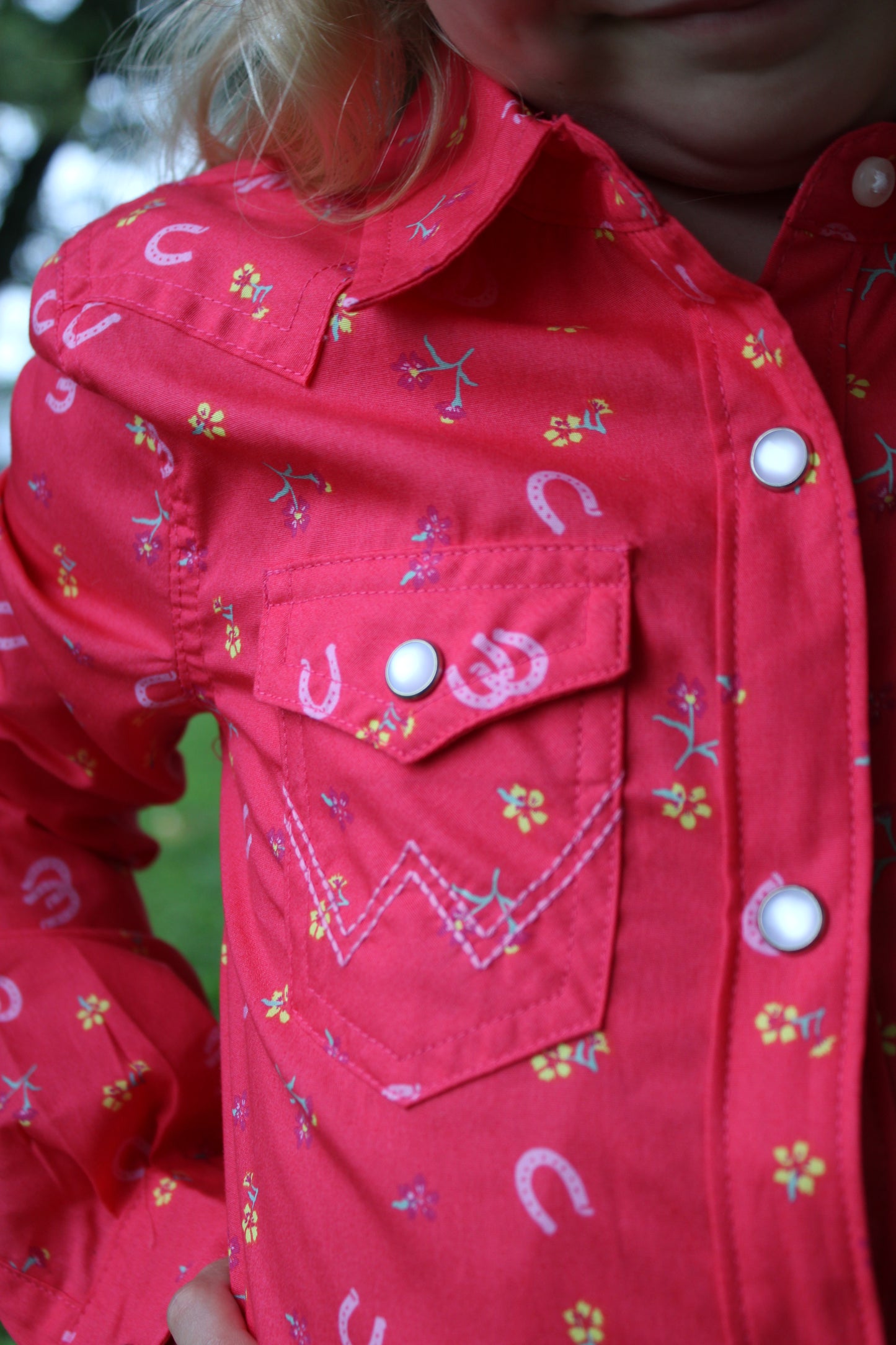 Wrangler® Girl's Long-Sleeve Pearl Snap- Pink Horseshoes and Flowers