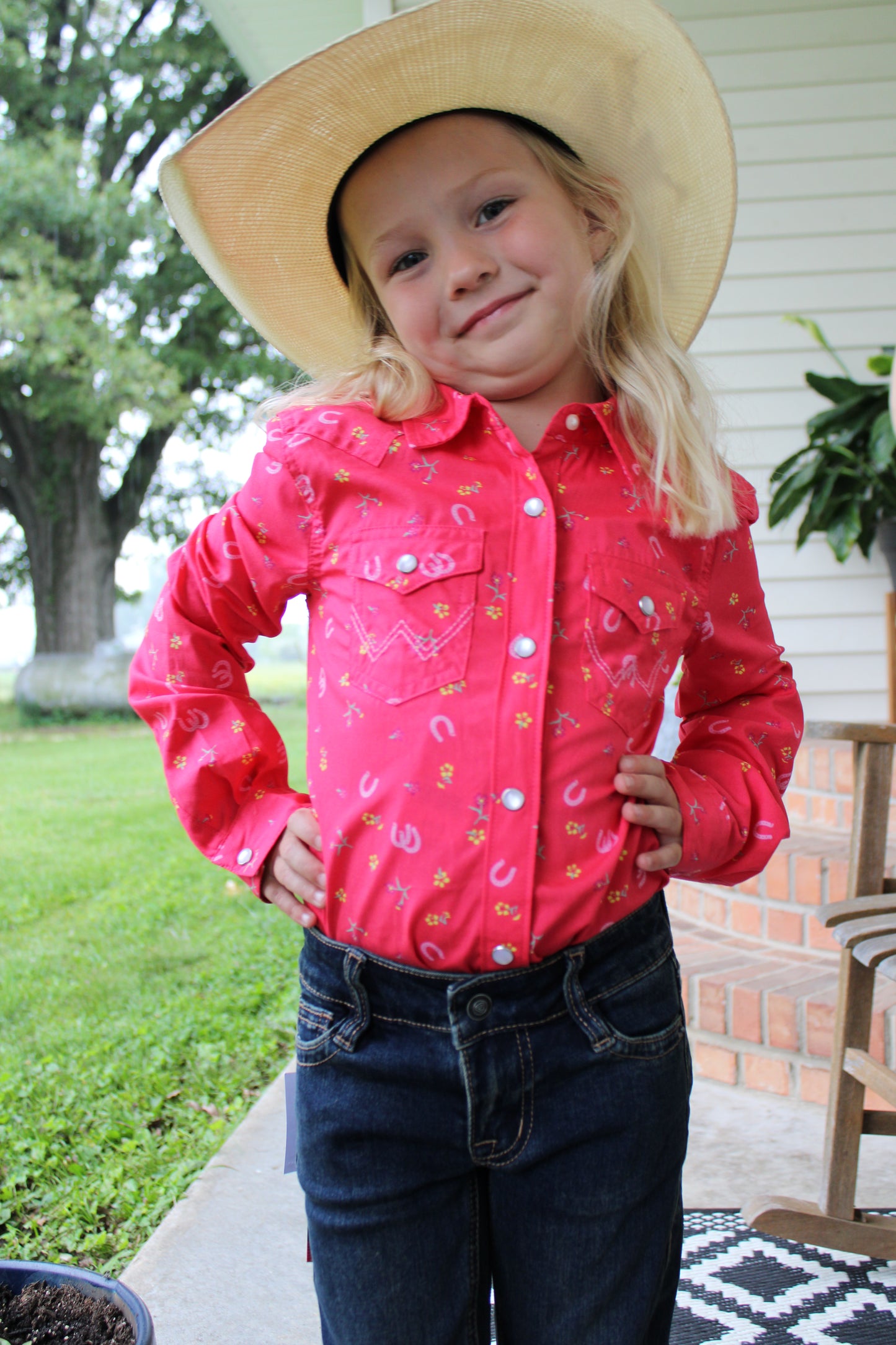 Wrangler® Girl's Long-Sleeve Pearl Snap- Pink Horseshoes and Flowers