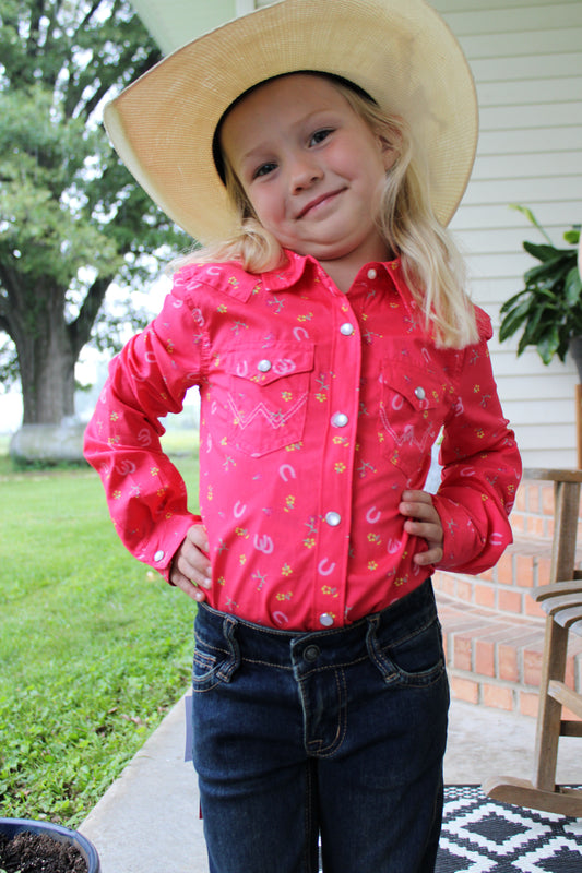 Wrangler® Girl's Long-Sleeve Pearl Snap- Pink Horseshoes and Flowers