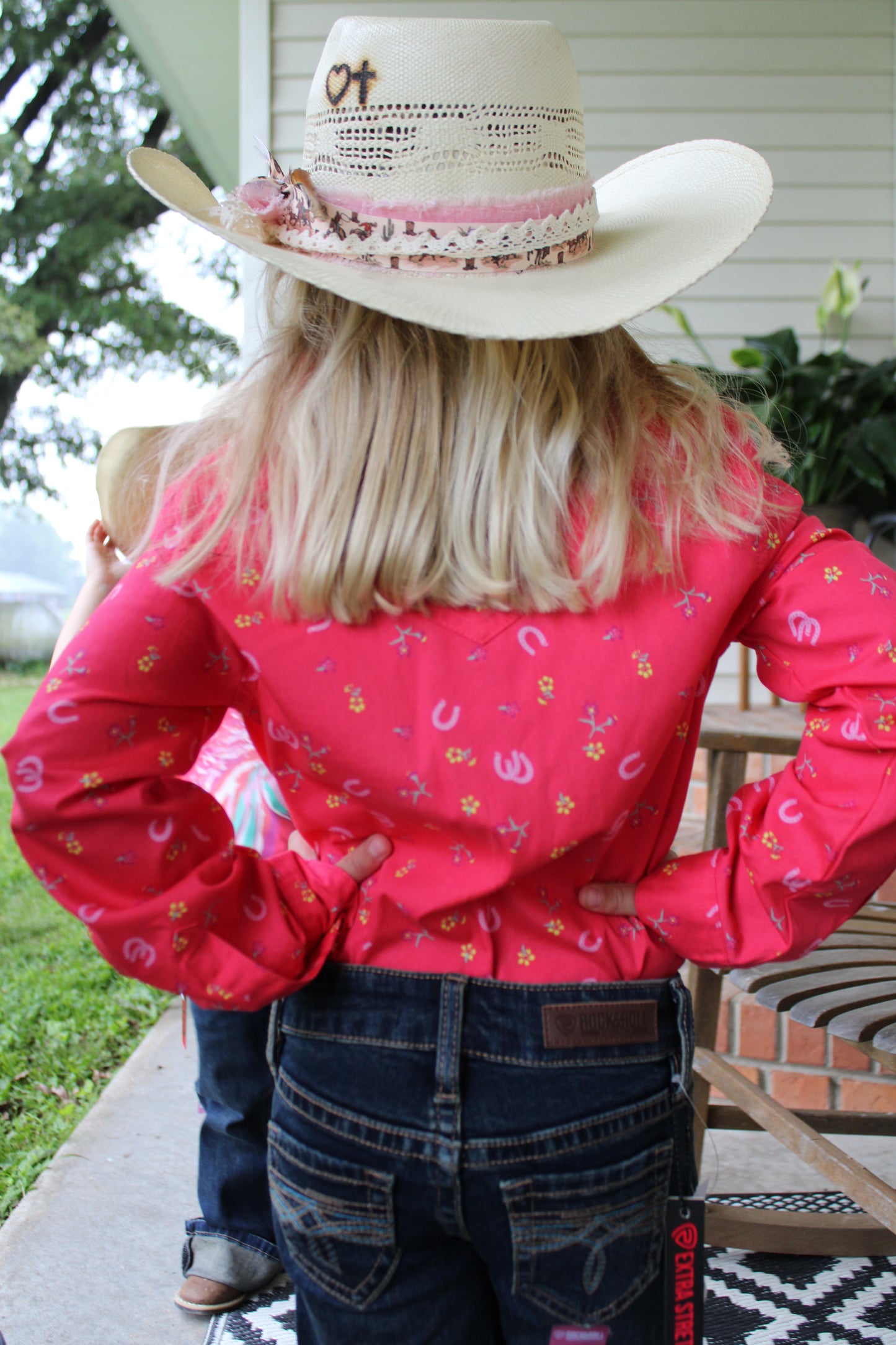 Wrangler® Girl's Long-Sleeve Pearl Snap- Pink Horseshoes and Flowers
