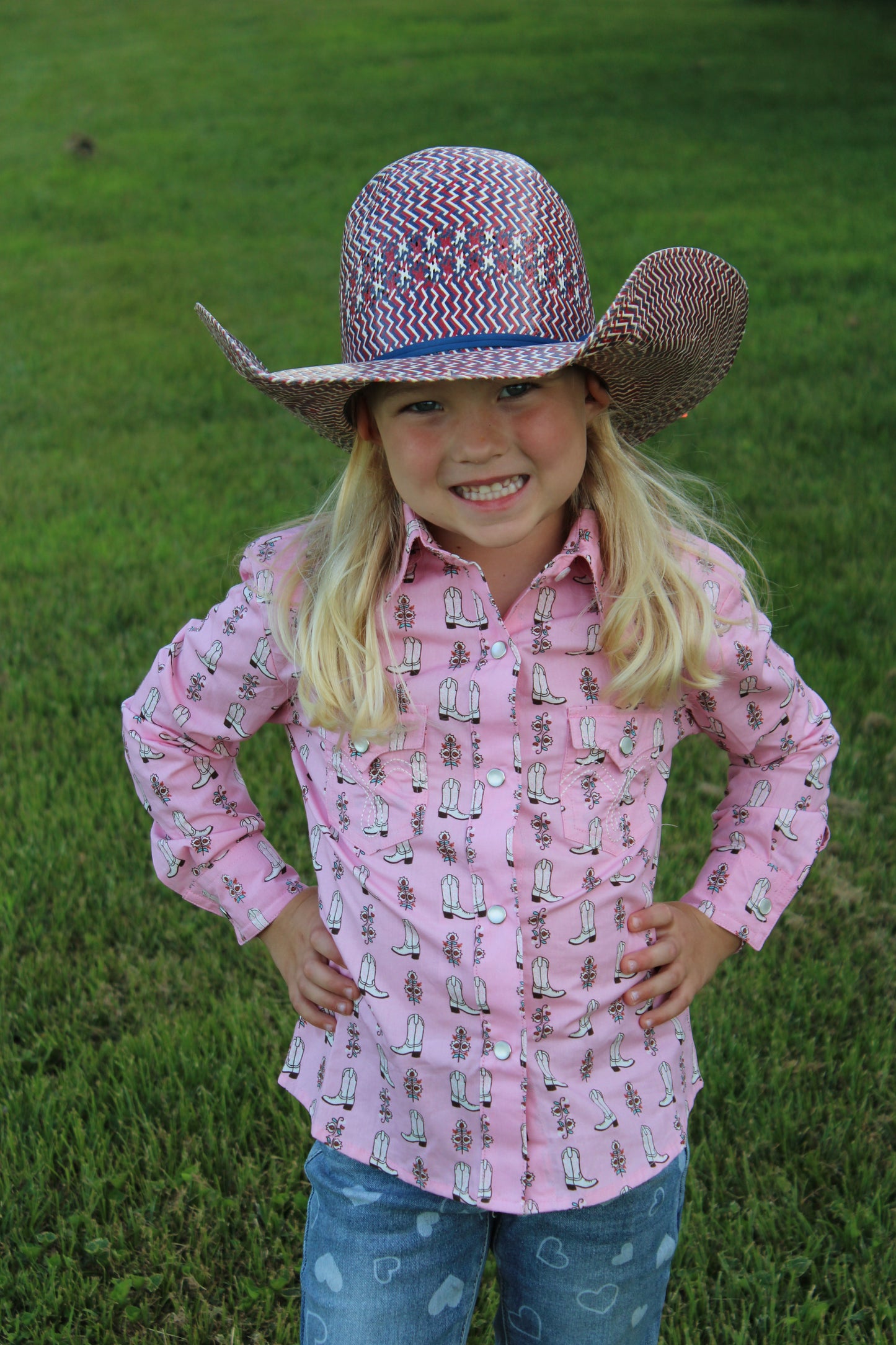 Girls Long Sleeve Boot Print Snap Shirt