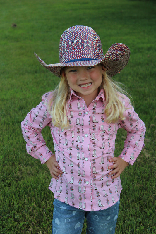 Girls Long Sleeve Boot Print Snap Shirt