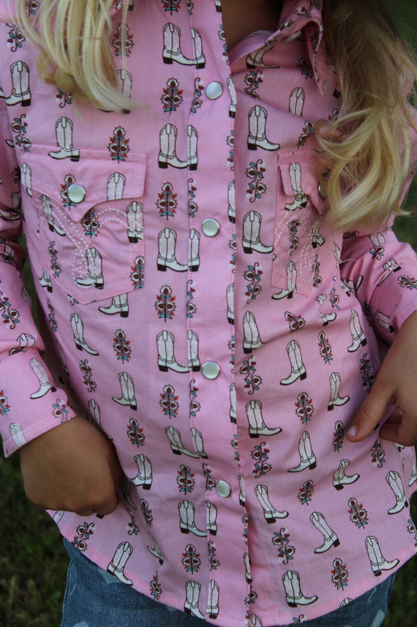 Girls Long Sleeve Boot Print Snap Shirt