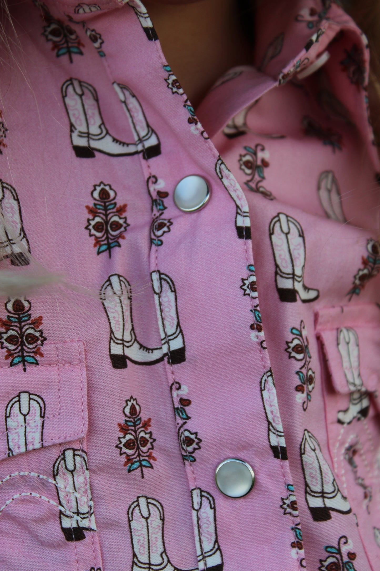 Girls Long Sleeve Boot Print Snap Shirt