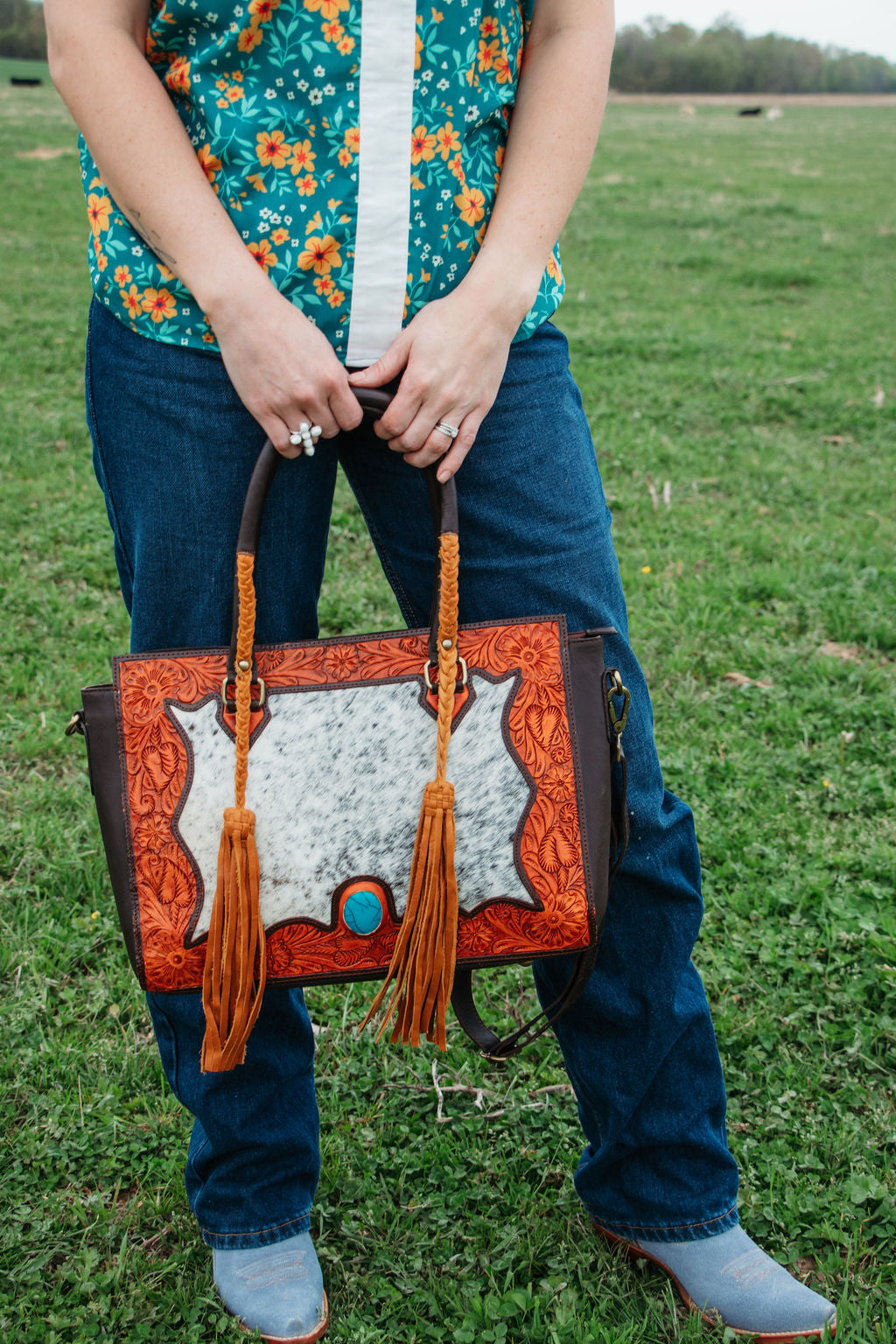 Elegant Tooled Leather Cowhide Tote, Purse, Laptop Bag