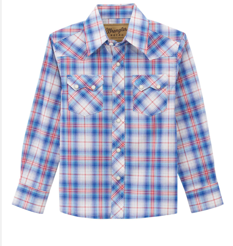 Wrangler® Retro Boy's Pearl Snap Long-Sleeve-Red & Blue