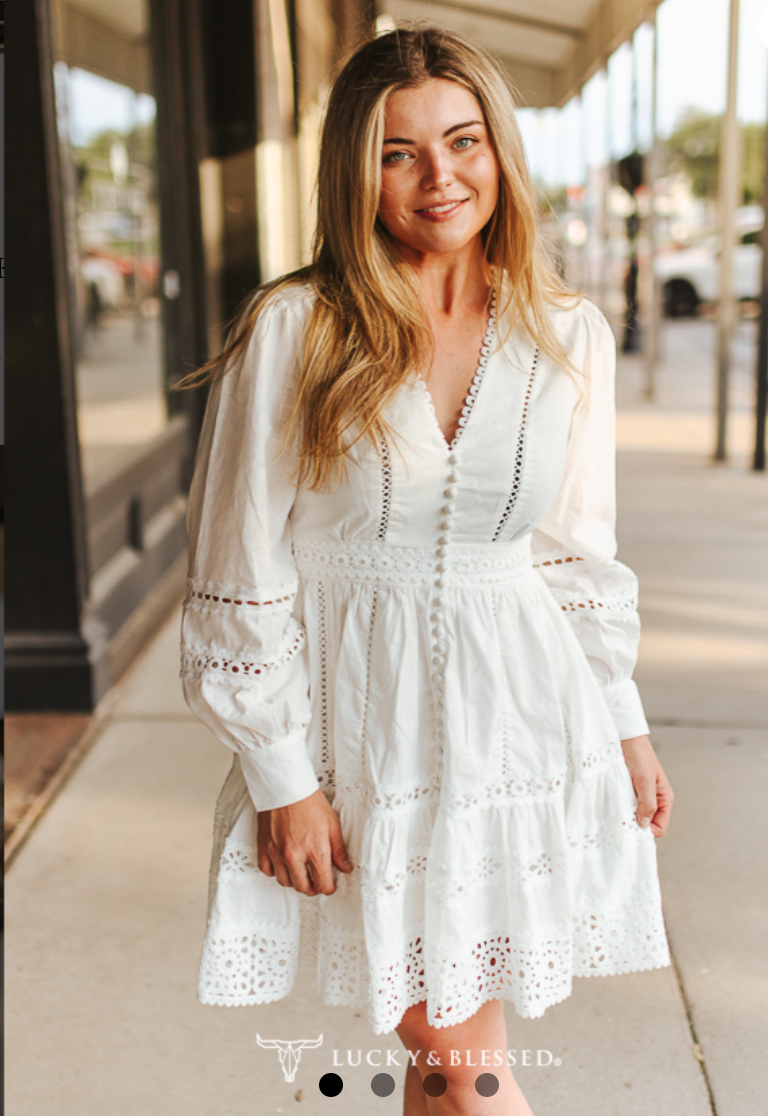 White Lace Tiered Long Sleeve Western Dress