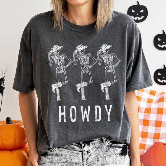 Howdy Skeletons Western Halloween T-shirt White Print