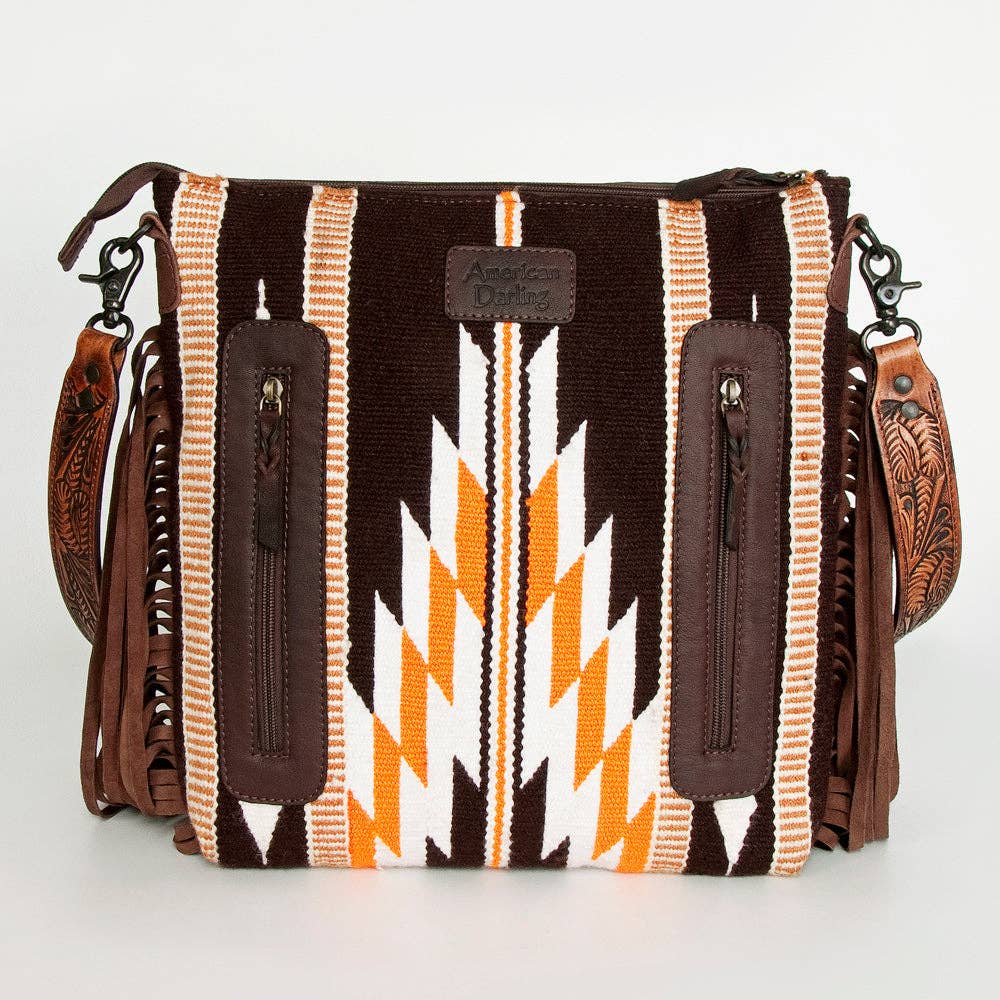 Western Hand-Tooled Leather Crossbody Bag with Fringe and Aztec Wool Pattern