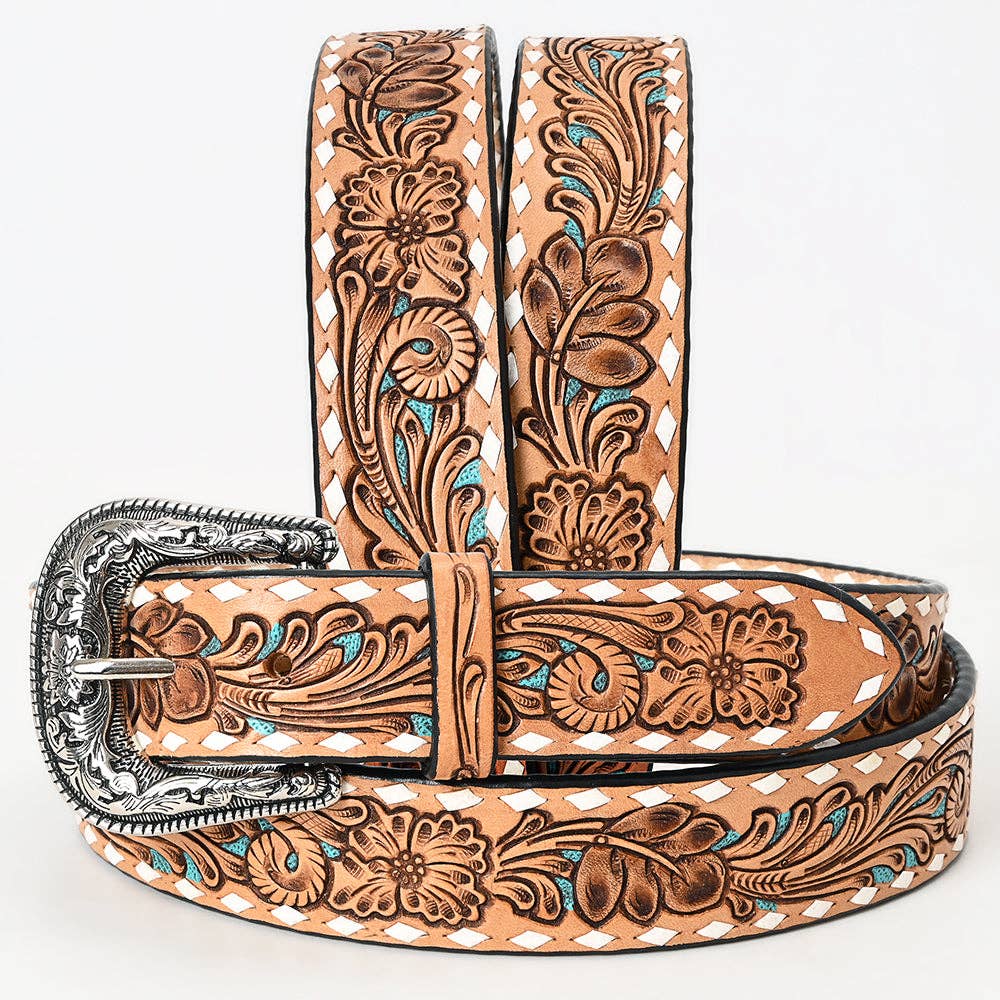 Floral Tooled Leather Belt with Turquoise Accents and Whipstitch Edge