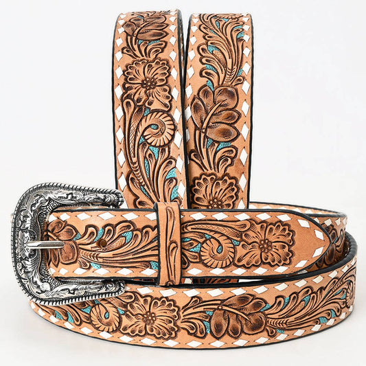 Floral Tooled Leather Belt with Turquoise Accents and Whipstitch Edge
