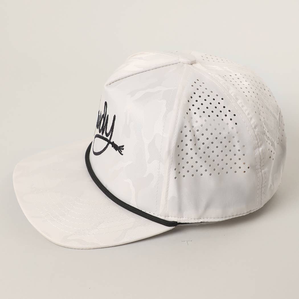 Howdy Embroidered White Camo Rope Strap Trucker Hat