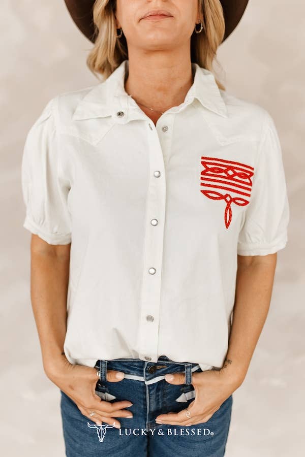 Ivory Puff Short Sleeve Western Embroidered Pearl Snap Top