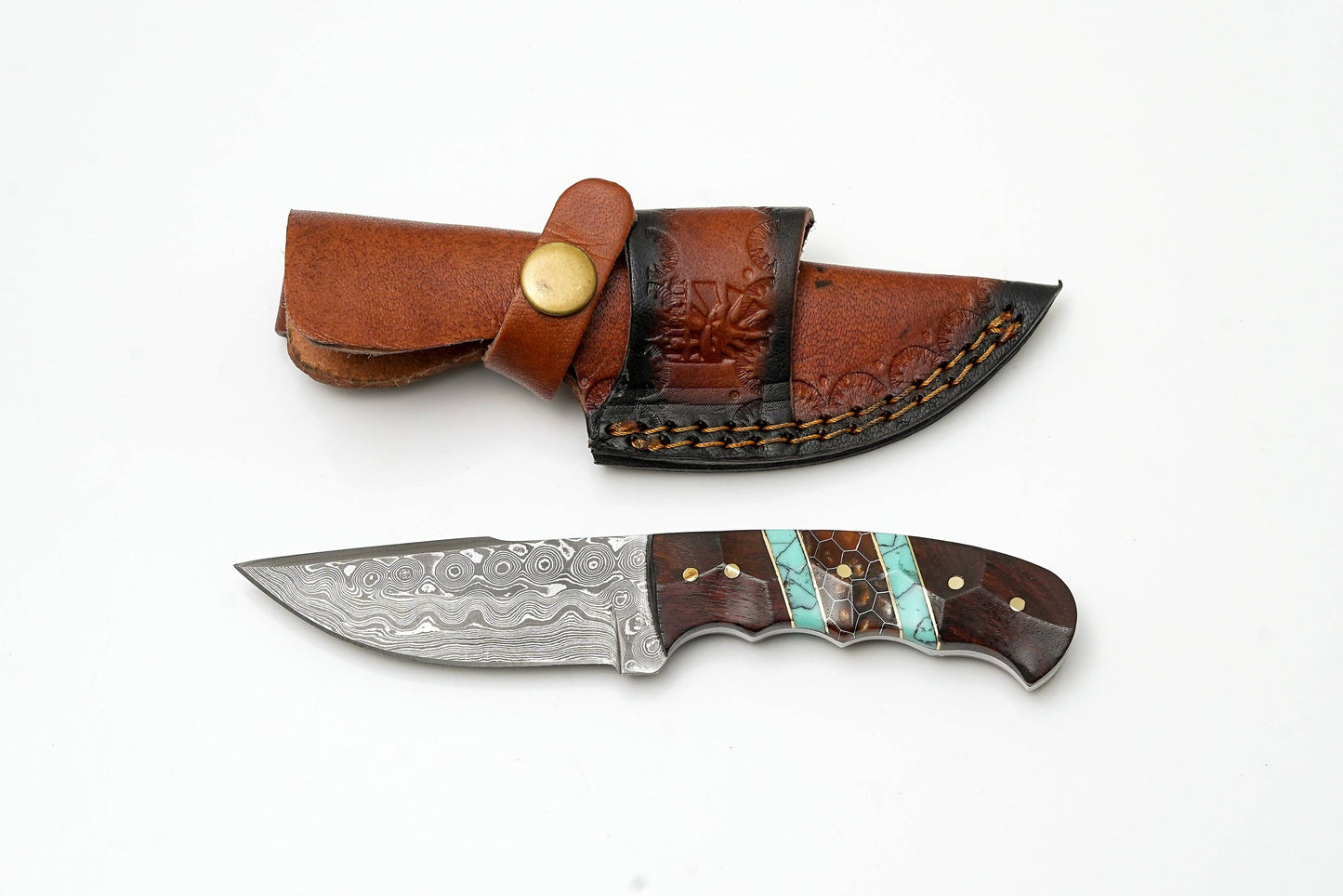 Hand-Forged Damascus Steel Skinner | Custom Amber Honeycomb & Turquoise Handle