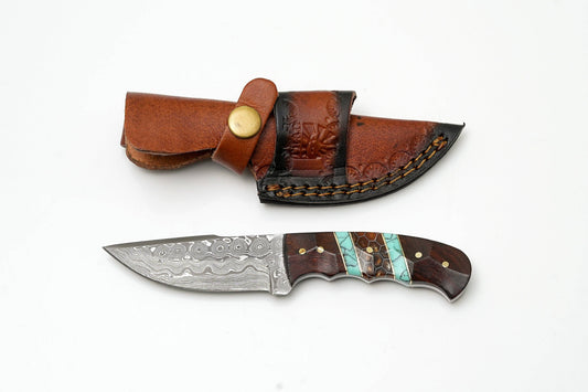 Hand-Forged Damascus Steel Skinner | Custom Amber Honeycomb & Turquoise Handle
