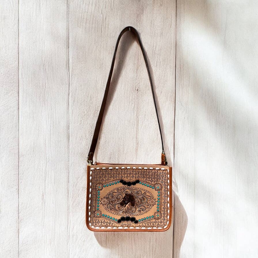 Quarter horse tooled leather crossbody bag 