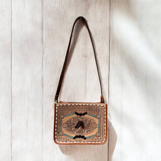 Quarter horse tooled leather crossbody bag 