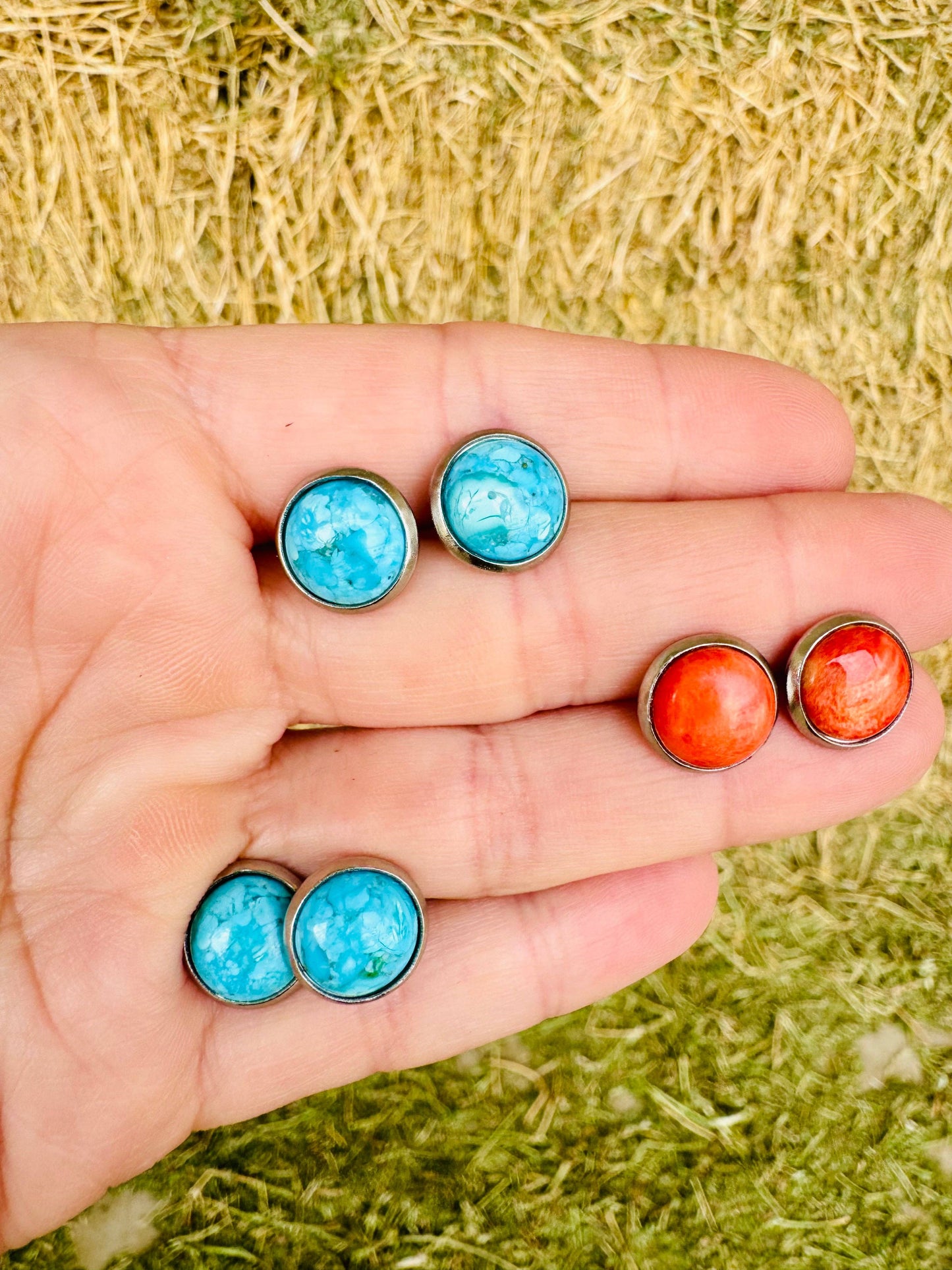 Genuine Blue and Spiny Oyster Turquoise Stud Earrings