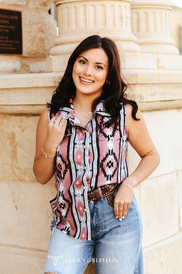 Pink Black Aztec Retro 90s Sleeveless Pearl Snap Top