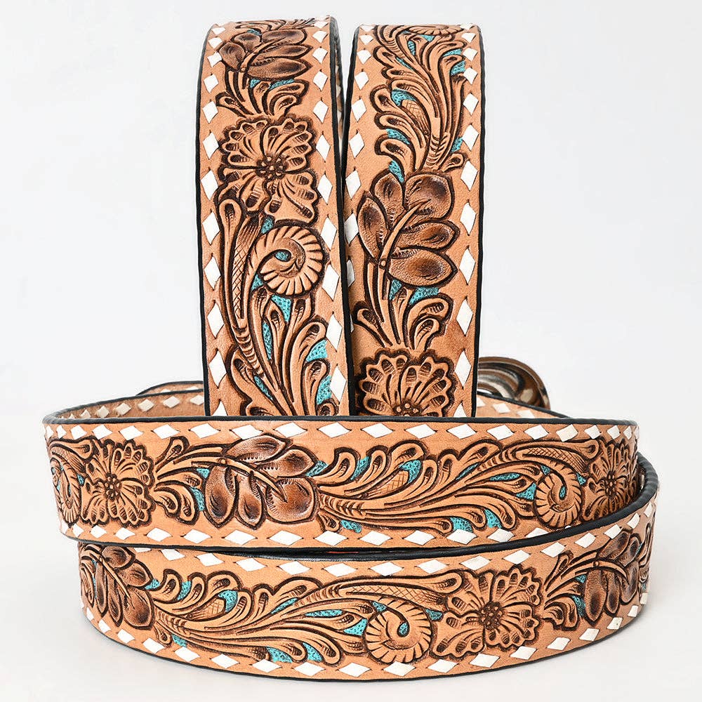 Floral Tooled Leather Belt with Turquoise Accents and Whipstitch Edge