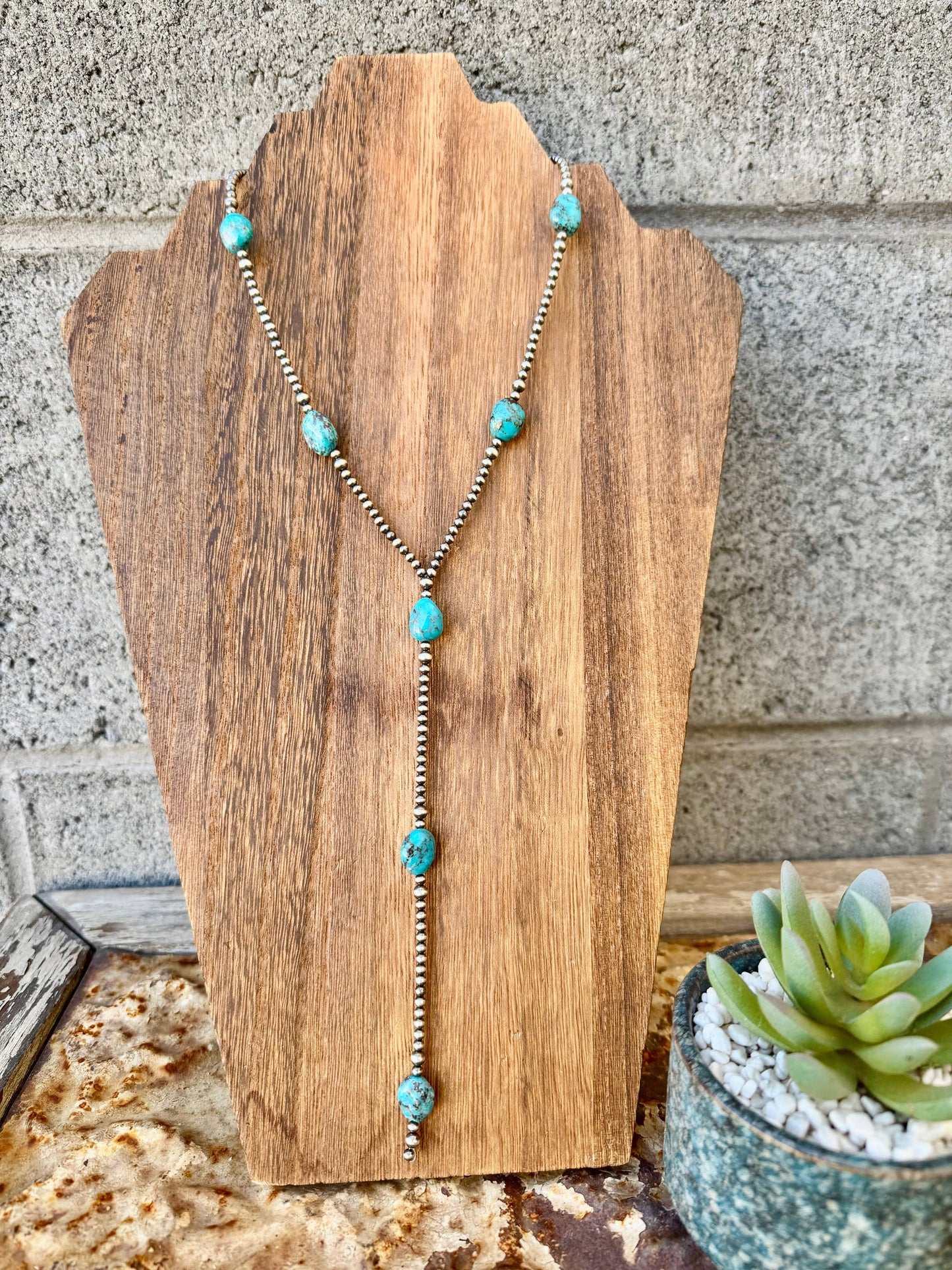 Navajo Pearl Lariat Necklace/ Turquoise Y Necklace/Sterling