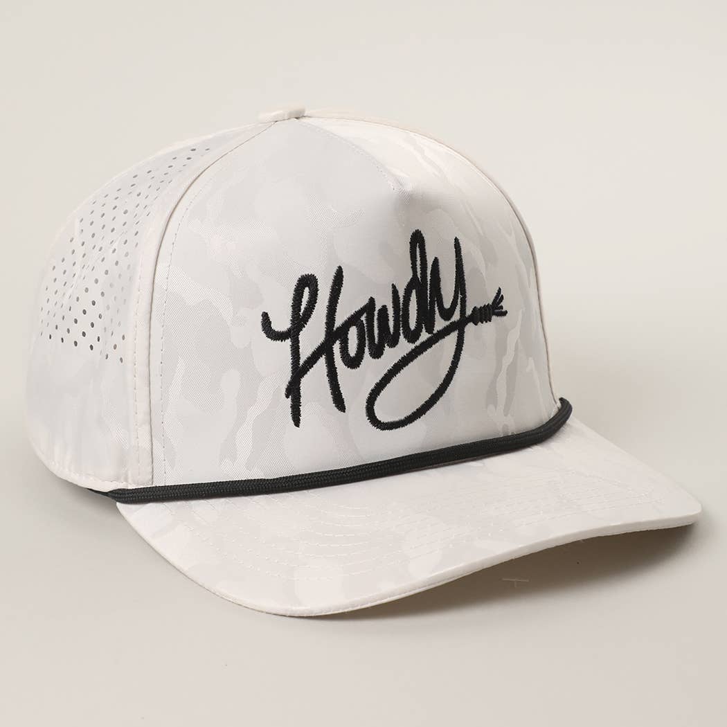 Howdy Embroidered White Camo Rope Strap Trucker Hat