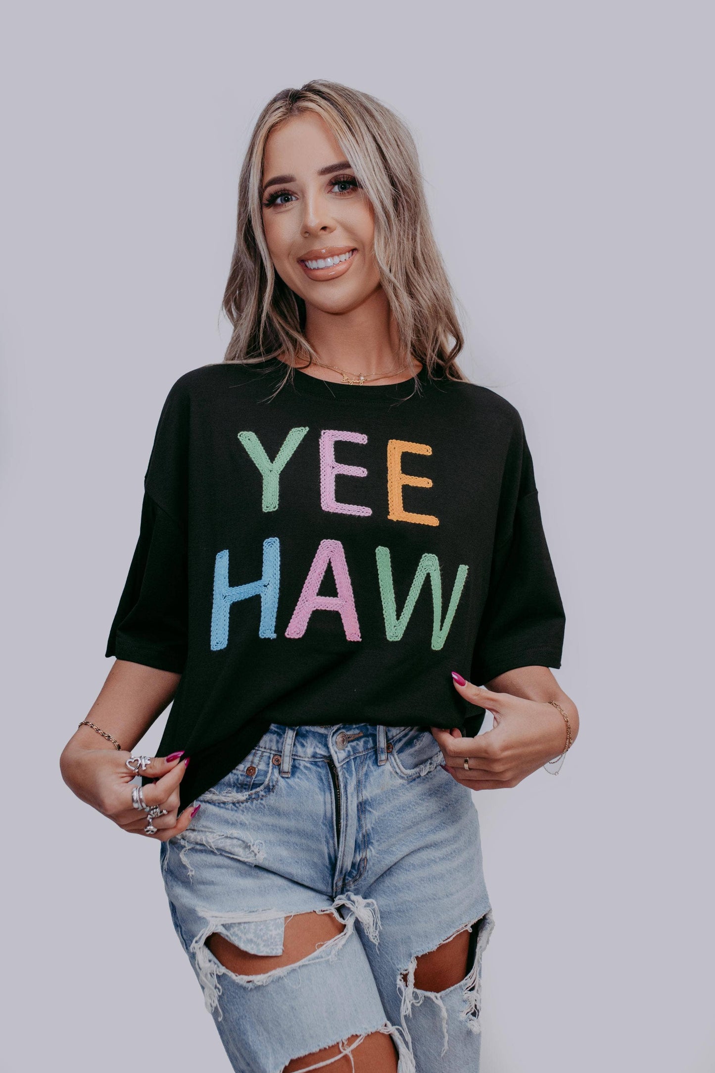Yee-Haw Rope Embroidery Crop Tee