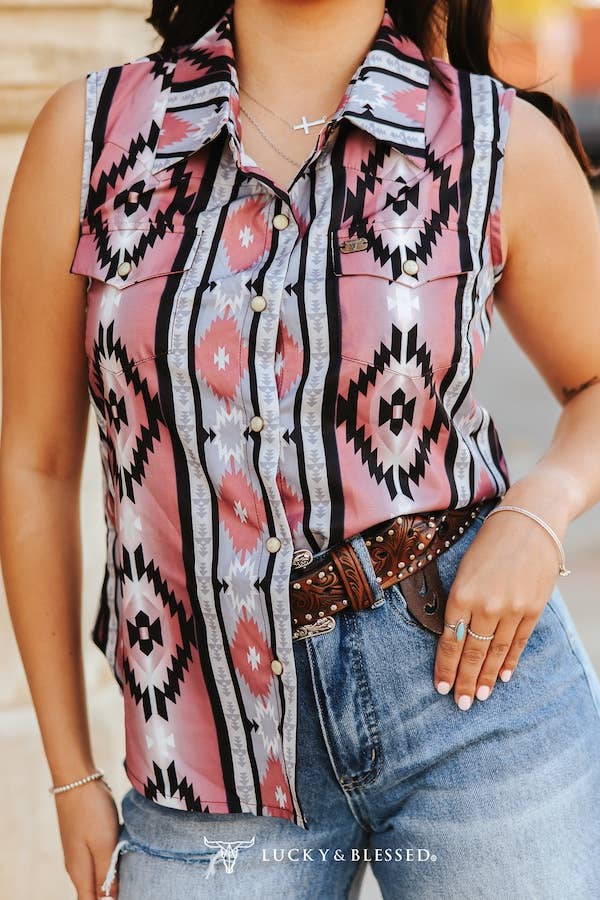 Pink Black Aztec Retro 90s Sleeveless Pearl Snap Top