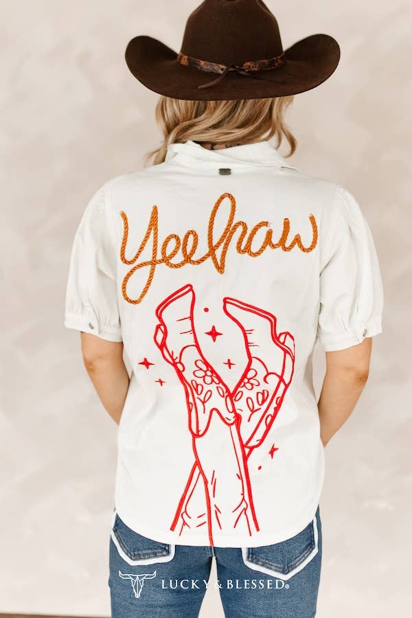 Ivory Puff Short Sleeve Western Embroidered Pearl Snap Top