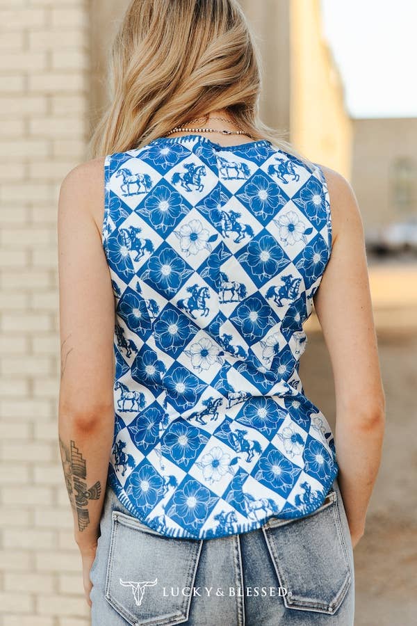Blue Checkered Horse Western Stitch Button Down Vest