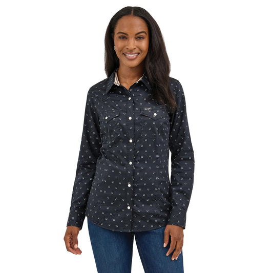Wrangler Retro Western Dres Snap Shirt-Black Horseshoe